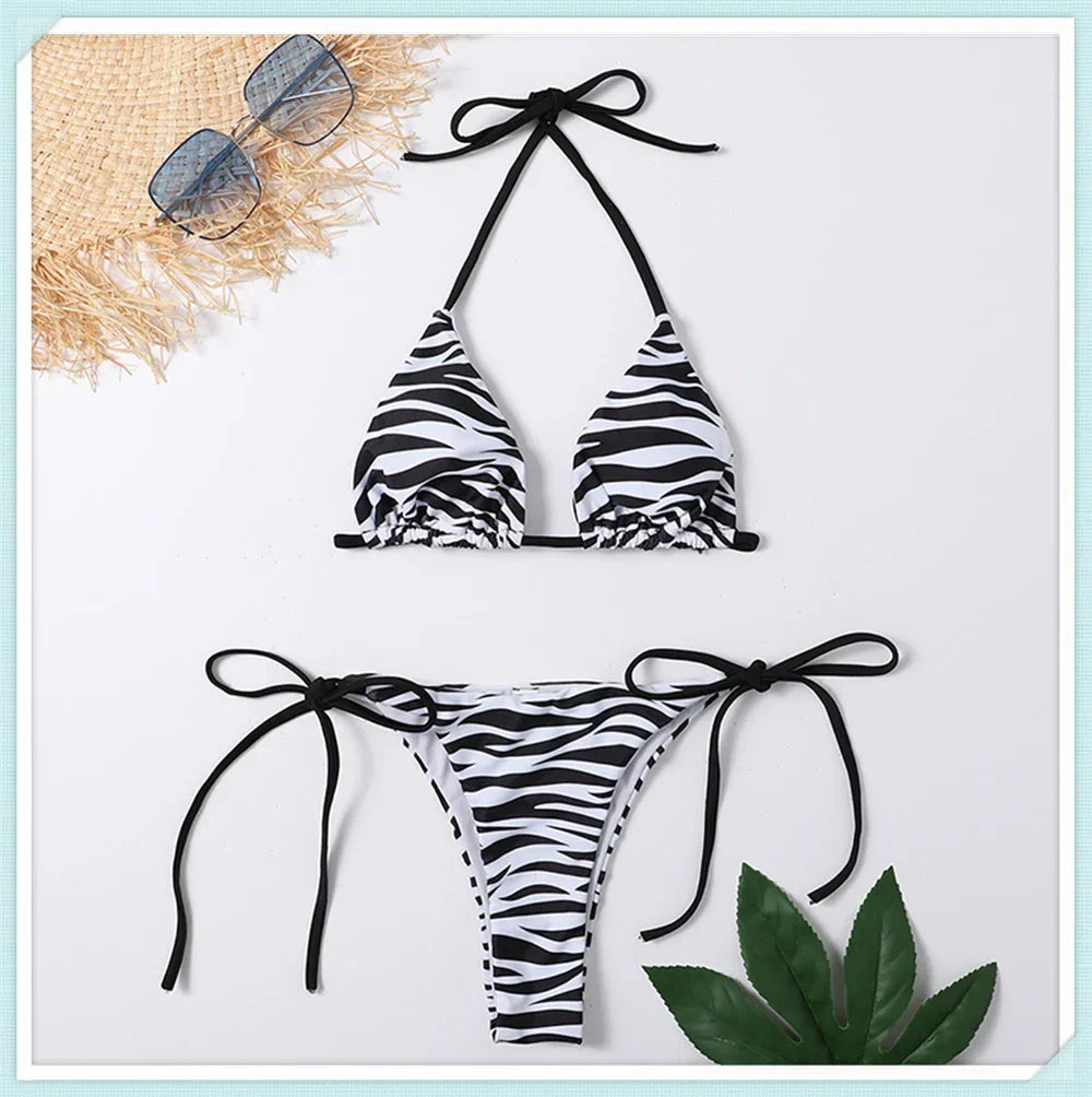 Dath Triantán Priontáil Lása Suas Bikini Set