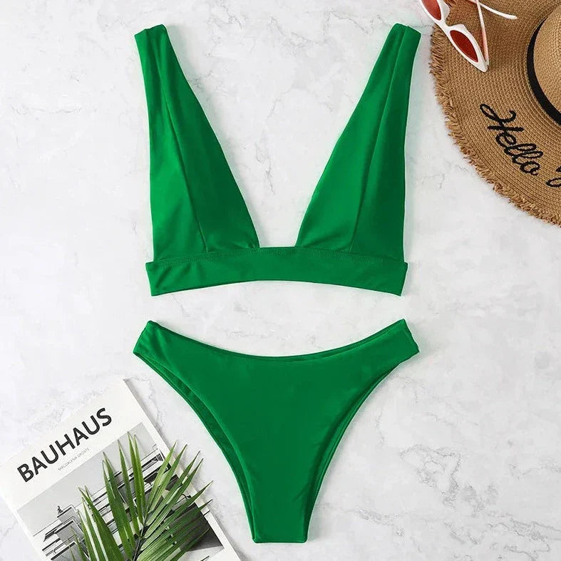 Maillot de bain plongeant 2 pièces de couleur unie