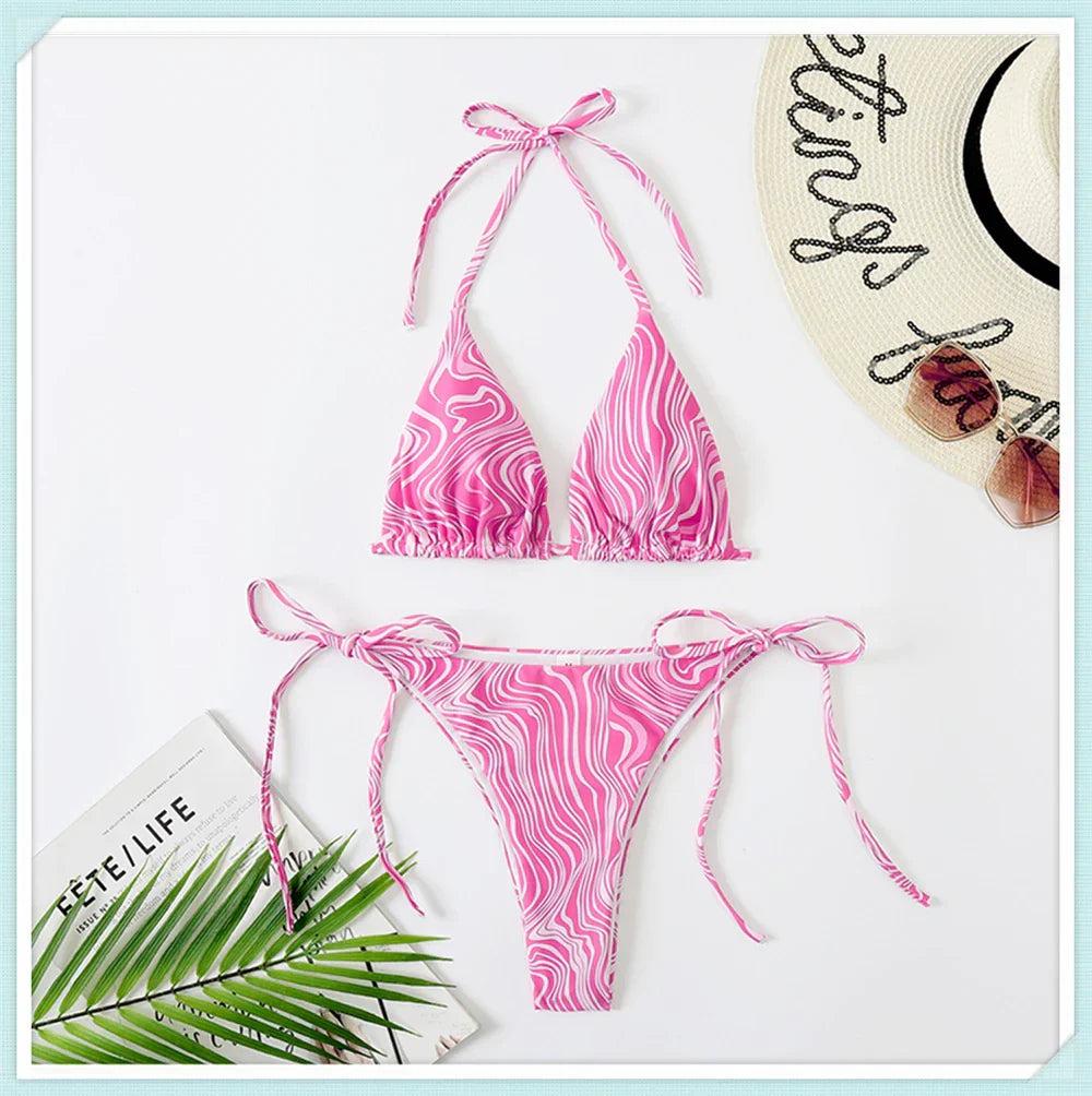 Dath Triantán Priontáil Lása Suas Bikini Set