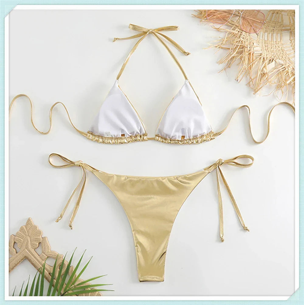 Ensemble bikini triangle métallique à lacets