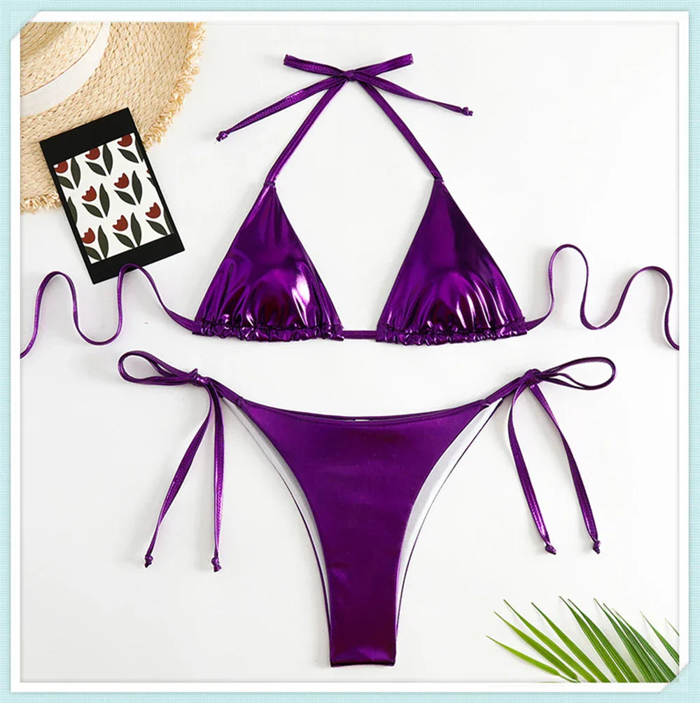 Ensemble bikini triangle métallique à lacets