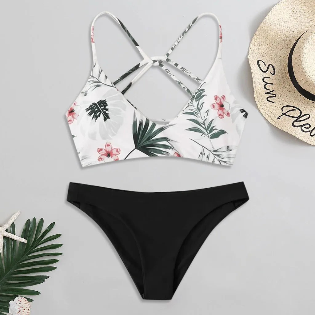 Maillot de bain 2 pièces à imprimé floral et dos croisé