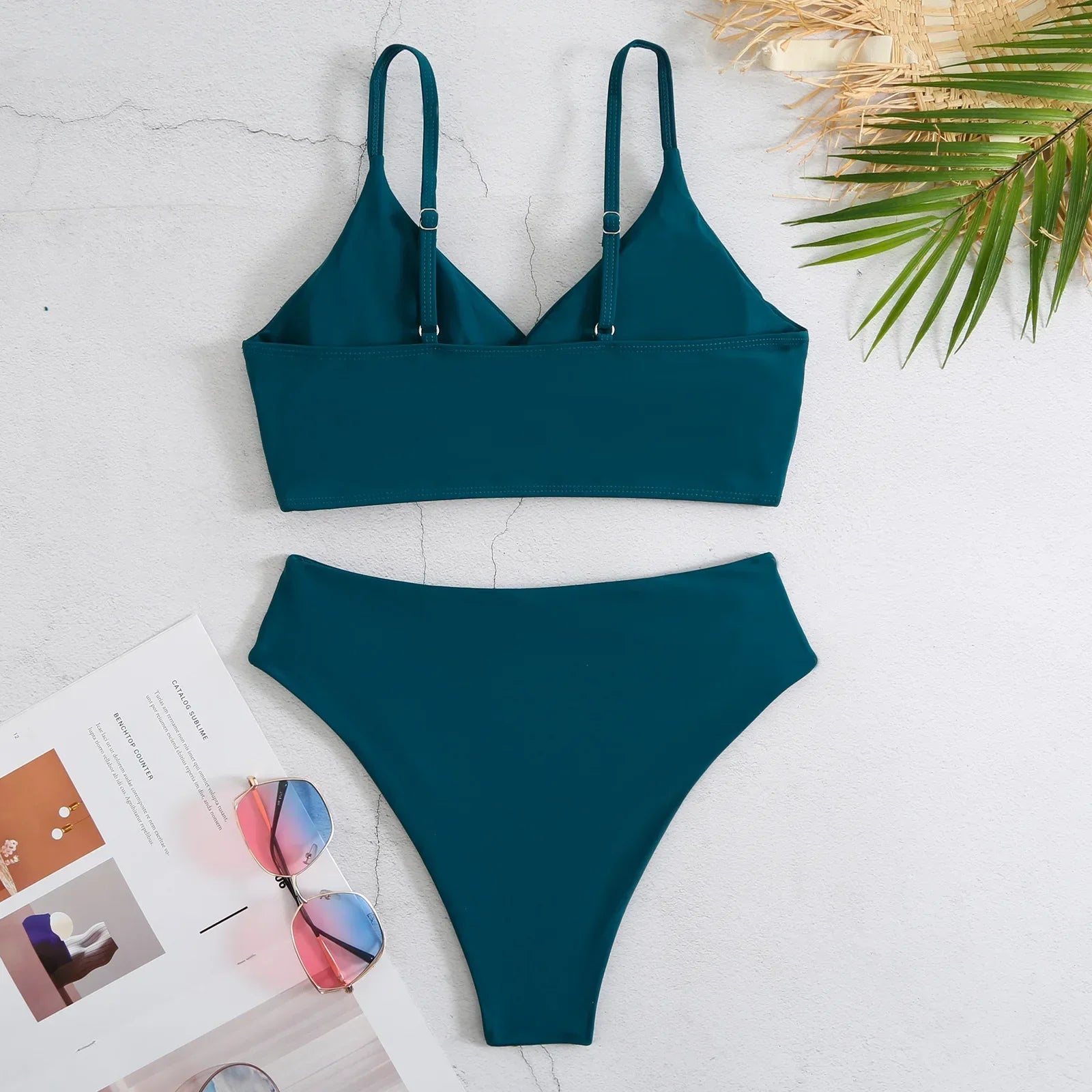 Maillot de bain 2 pièces taille haute de couleur unie