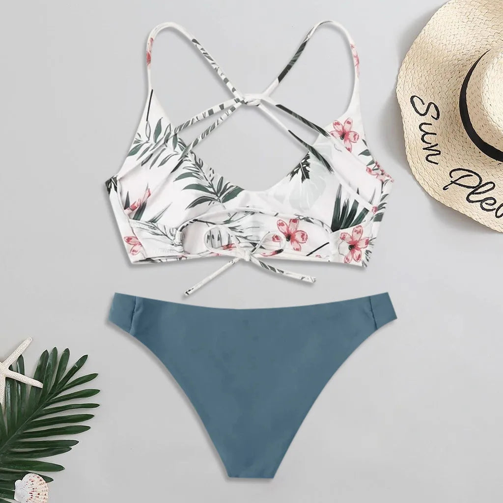 Maillot de bain 2 pièces à imprimé floral et dos croisé