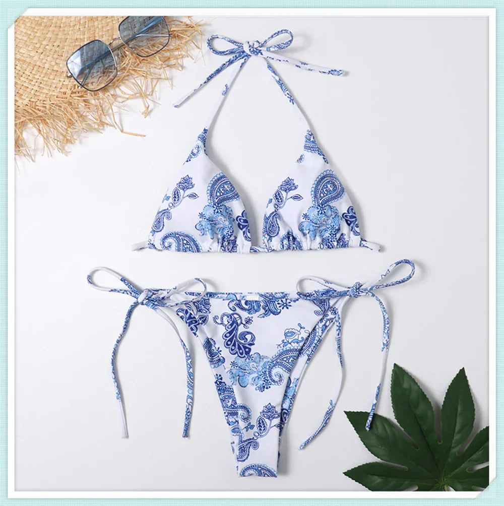 Dath Triantán Priontáil Lása Suas Bikini Set