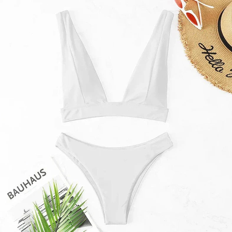 Maillot de bain plongeant 2 pièces de couleur unie