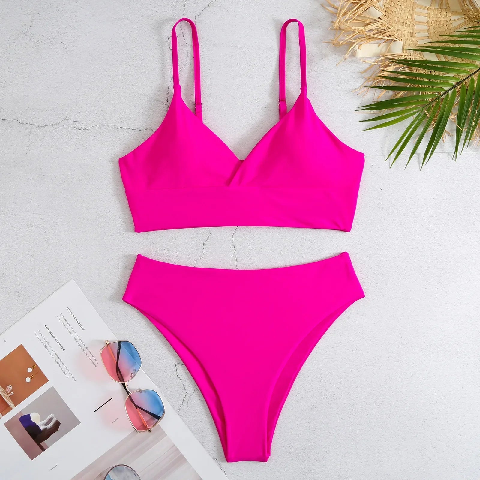 Maillot de bain 2 pièces taille haute de couleur unie