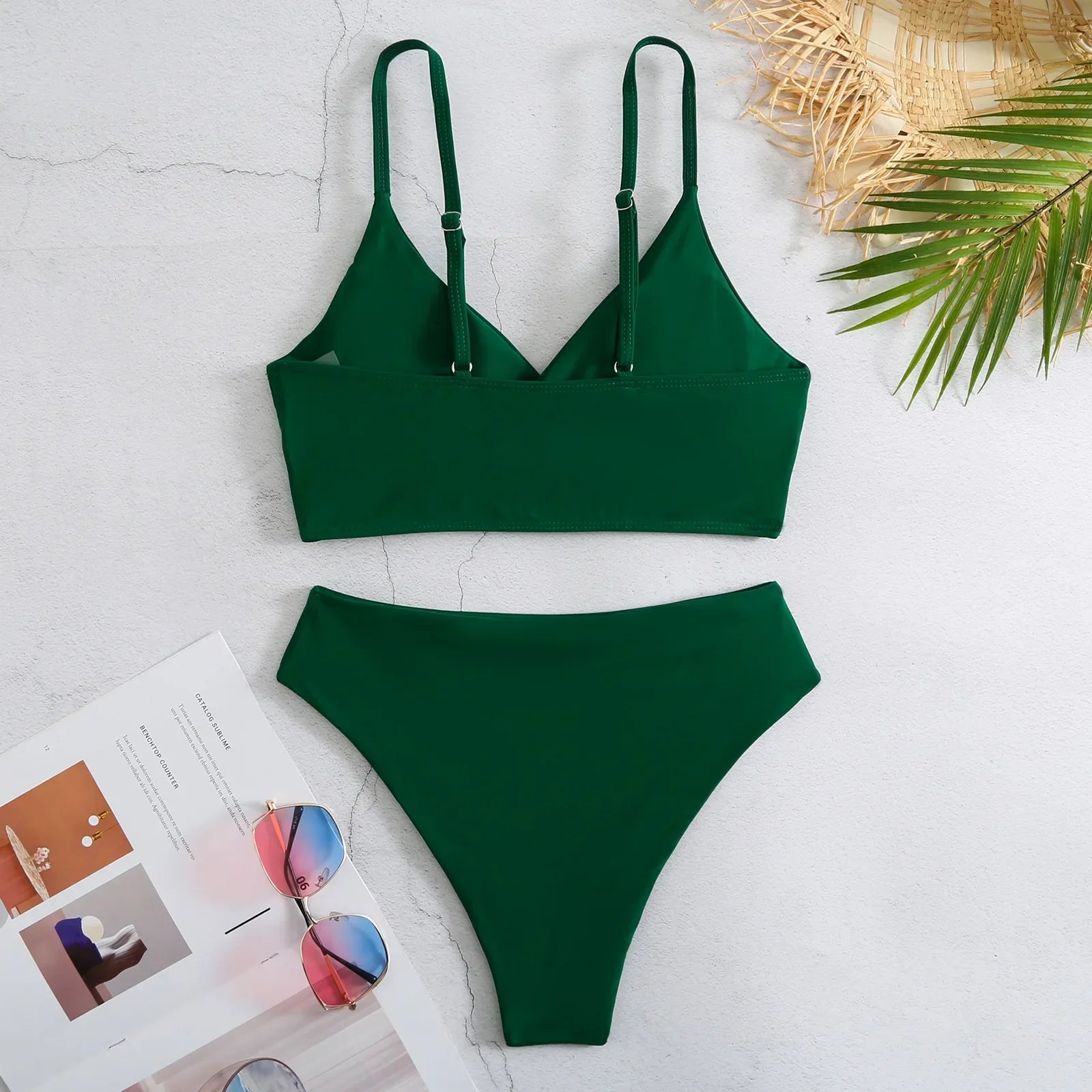 Maillot de bain 2 pièces taille haute de couleur unie