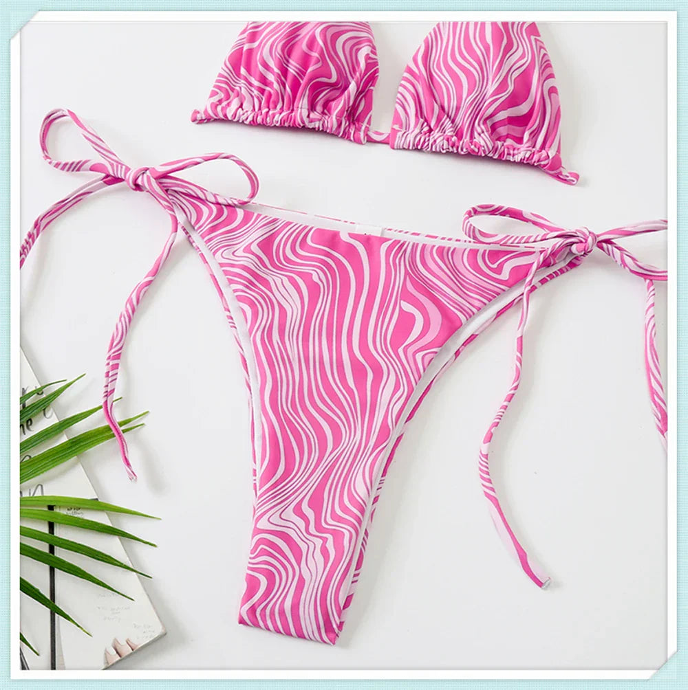 Dath Triantán Priontáil Lása Suas Bikini Set