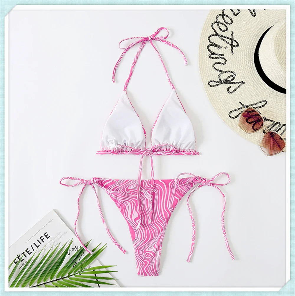 Dath Triantán Priontáil Lása Suas Bikini Set