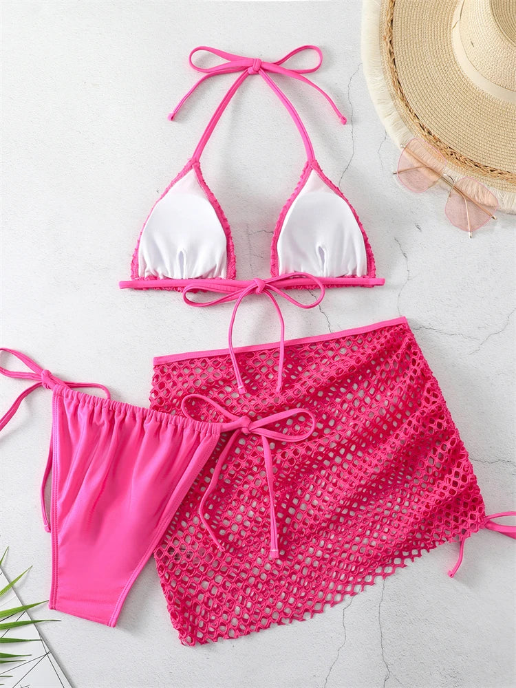 Ensemble bikini rose 3 pièces