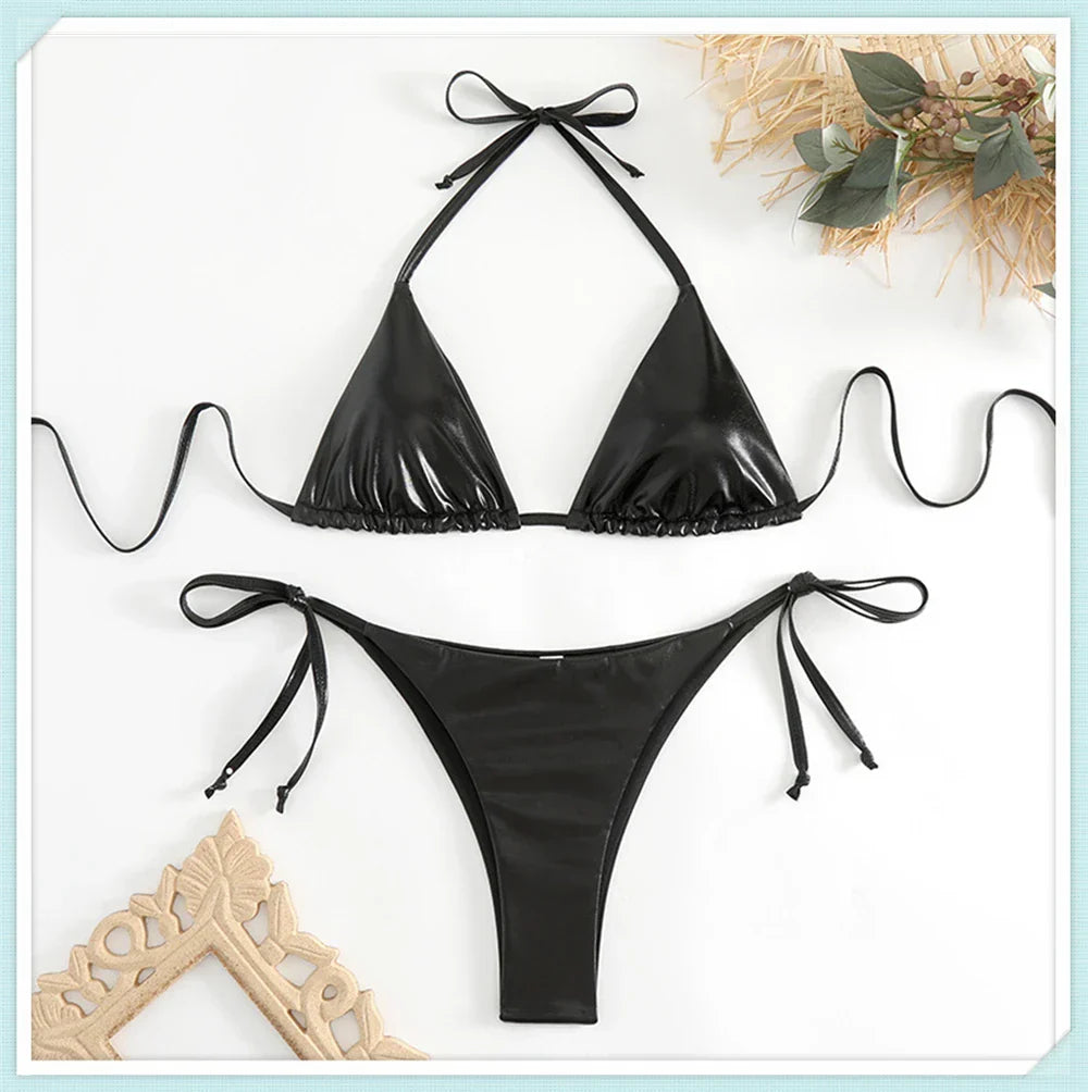 Ensemble bikini triangle métallique à lacets