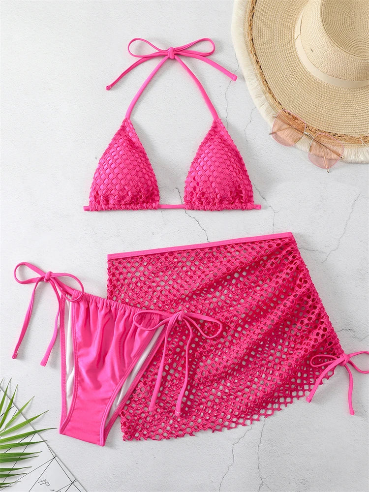 Ensemble bikini rose 3 pièces