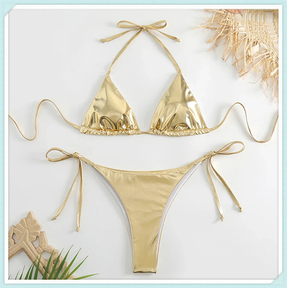 Ensemble bikini triangle métallique à lacets