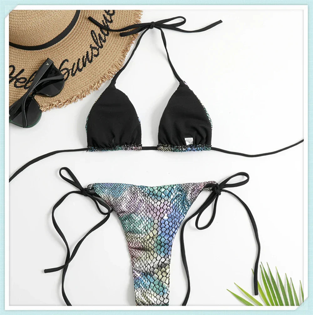 Ensemble bikini triangle métallique à lacets